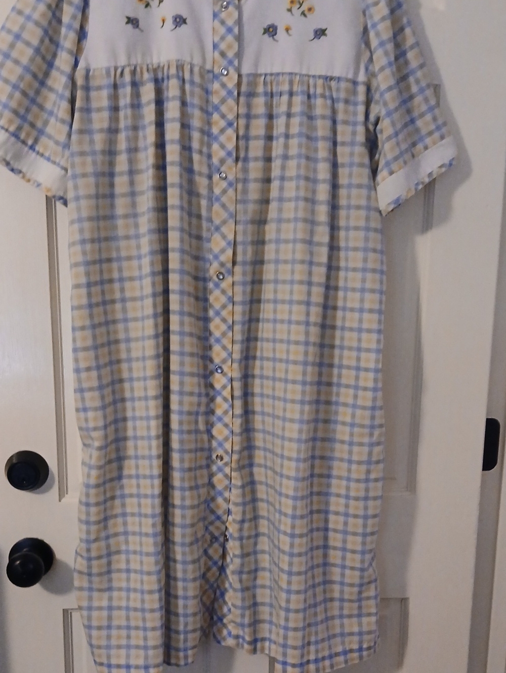 Button-Front Plaid Nightgown with Floral Yoke